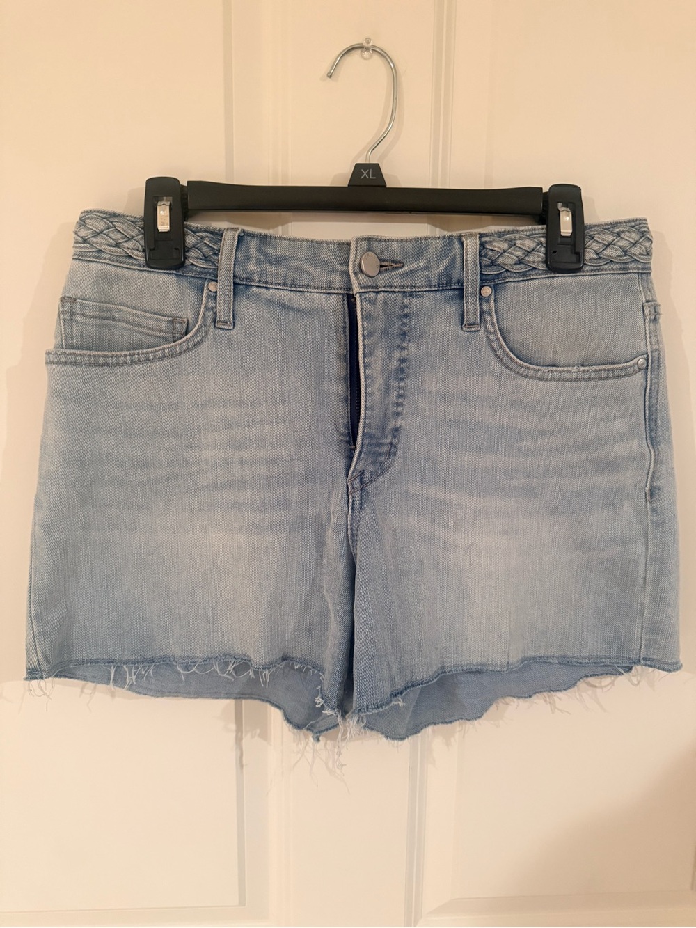 Frayed high rise Light Wash Denim Shorts with Braided Waistband